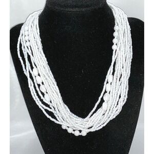 NWT White Layered Bohemian Glass Bead Necklace Multi Strand Boho Easter Jewelry